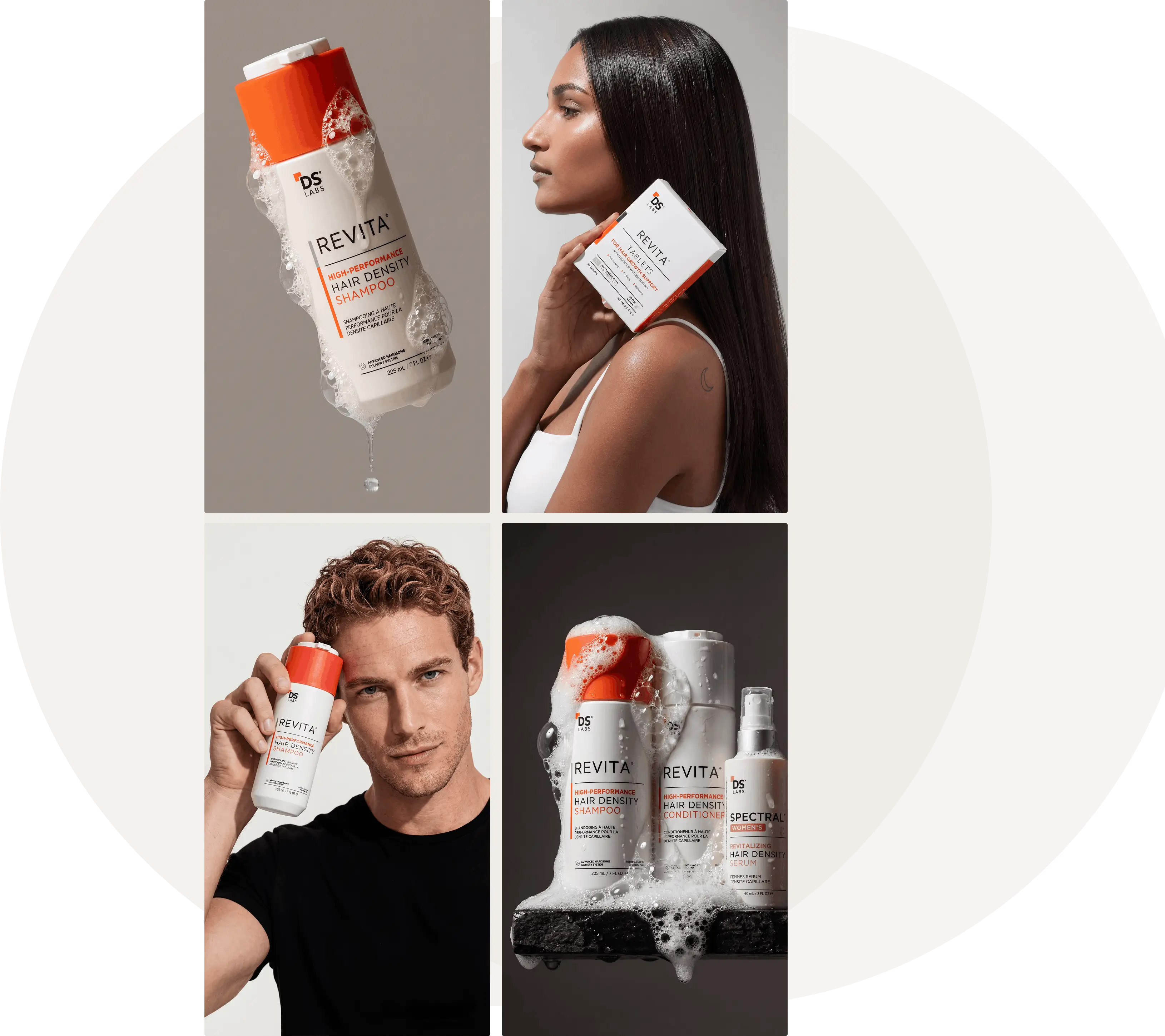 A collage of four images featuring a man, a woman, and Revita hair density products.
