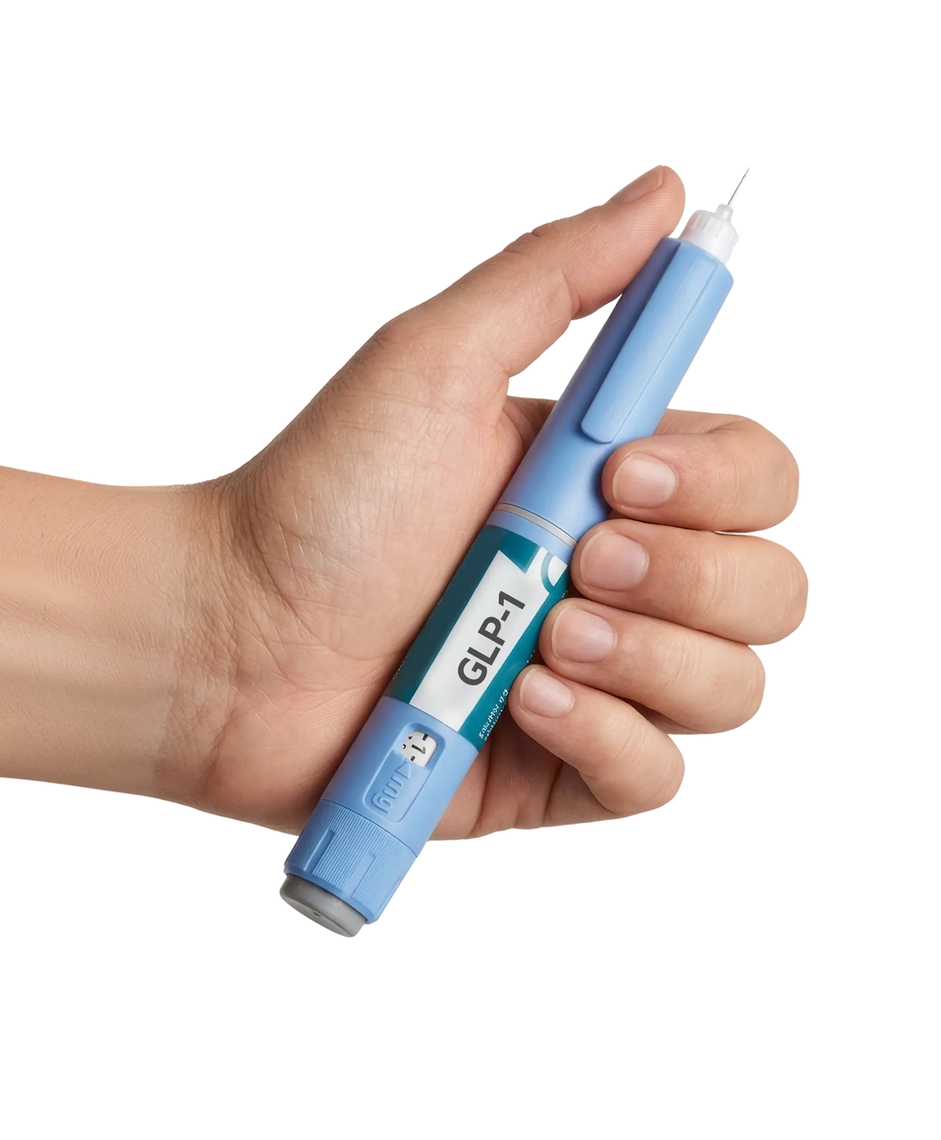 A hand holds a blue GLP-1 injection pen with the needle exposed, against a white background.