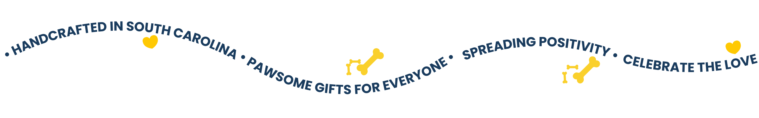Wavy blue text with yellow icons of hearts and bones on a white background.
