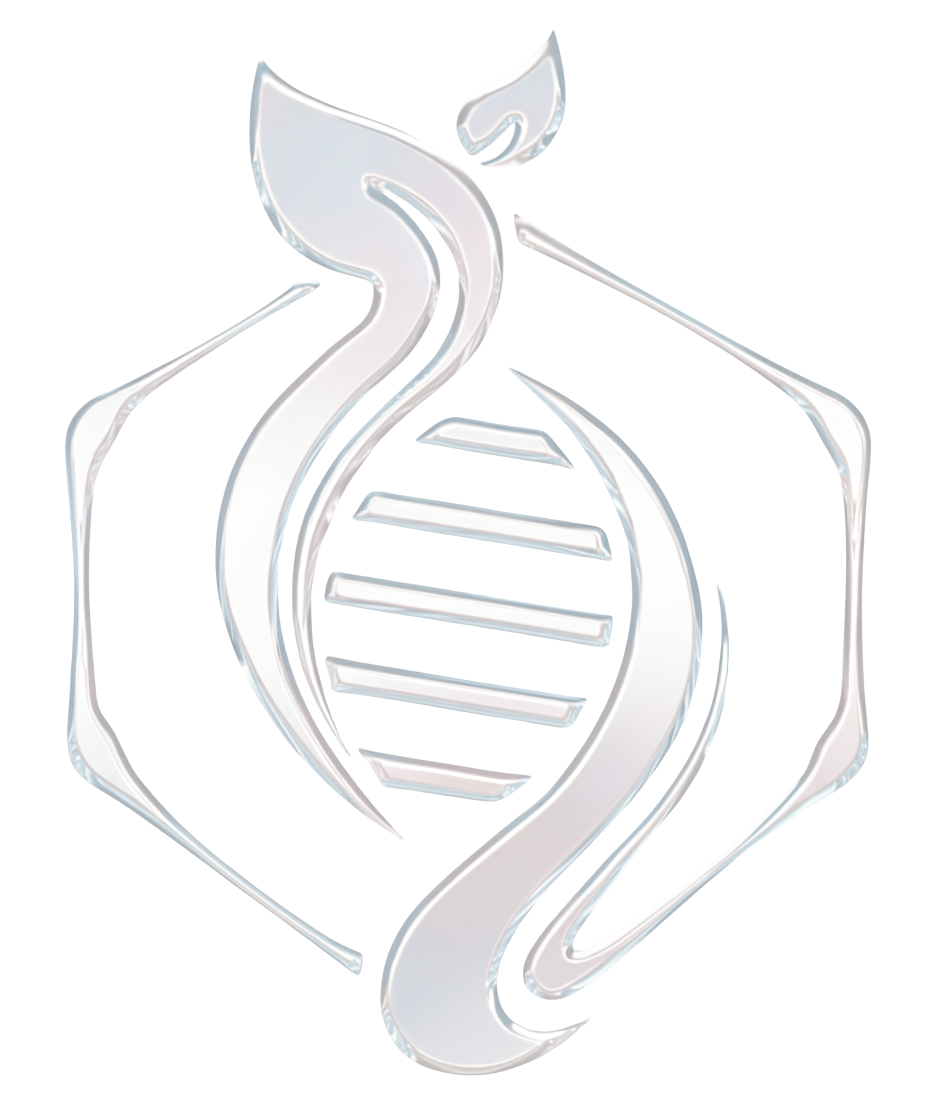 A stylized, glossy white logo depicting a DNA helix inside a hexagonal, leaf-like frame on a white background.