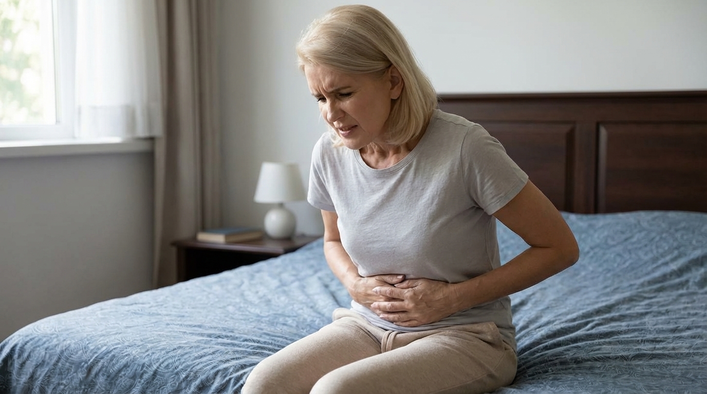 A smiling woman with her arms outstretched stands in a sunlit park during autumn.