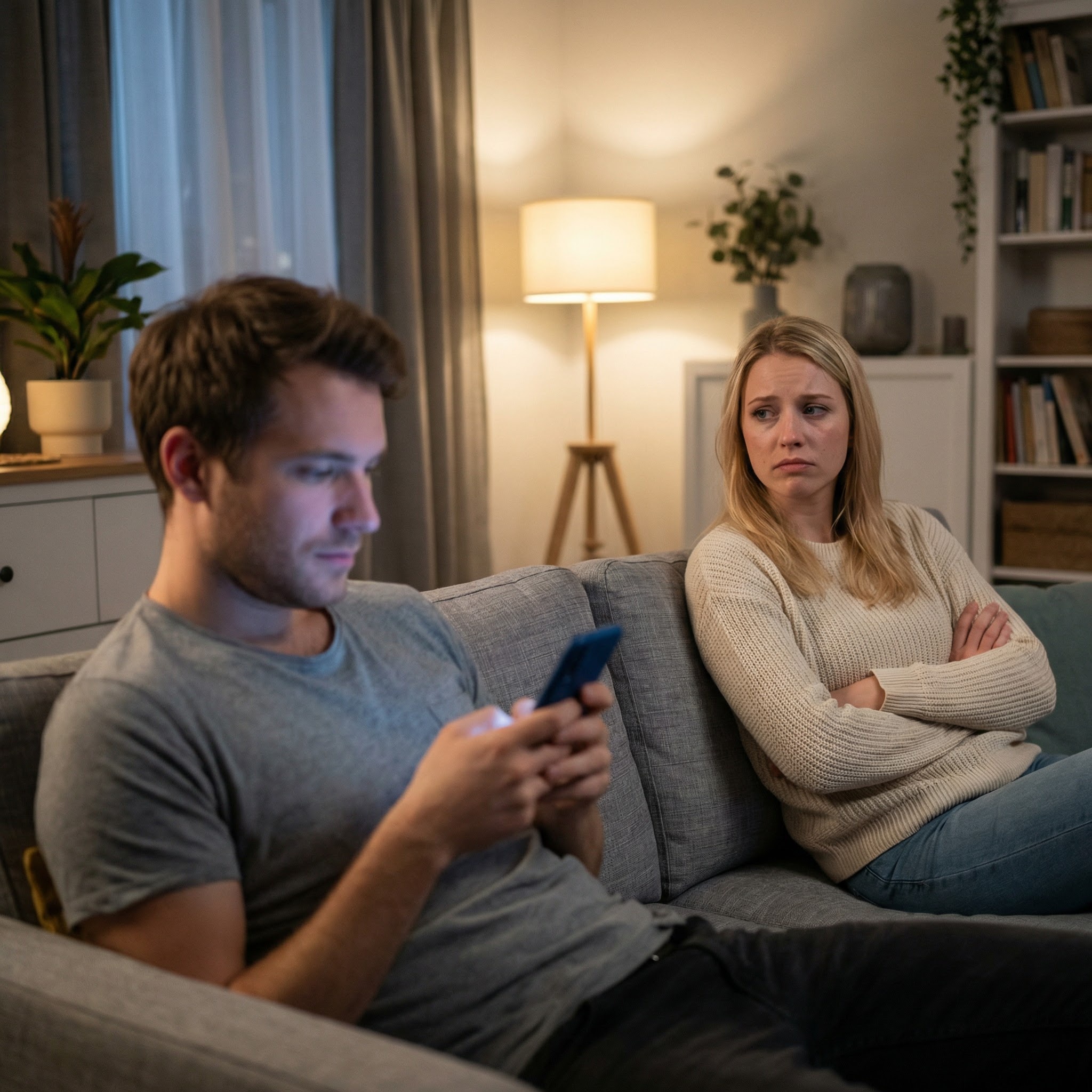 A man on a couch looks at his phone while an upset woman sits next to him.