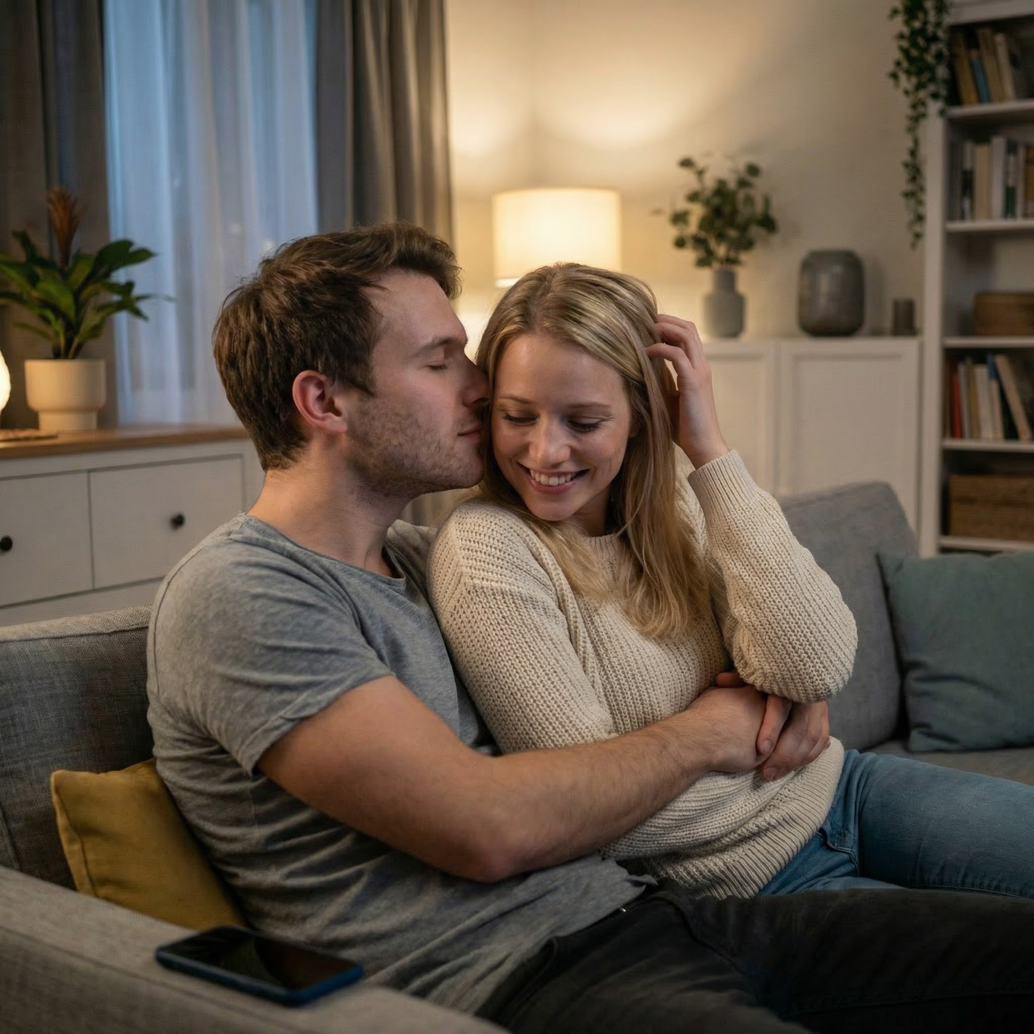 A man kisses a woman's cheek as they embrace on a couch in a living room.