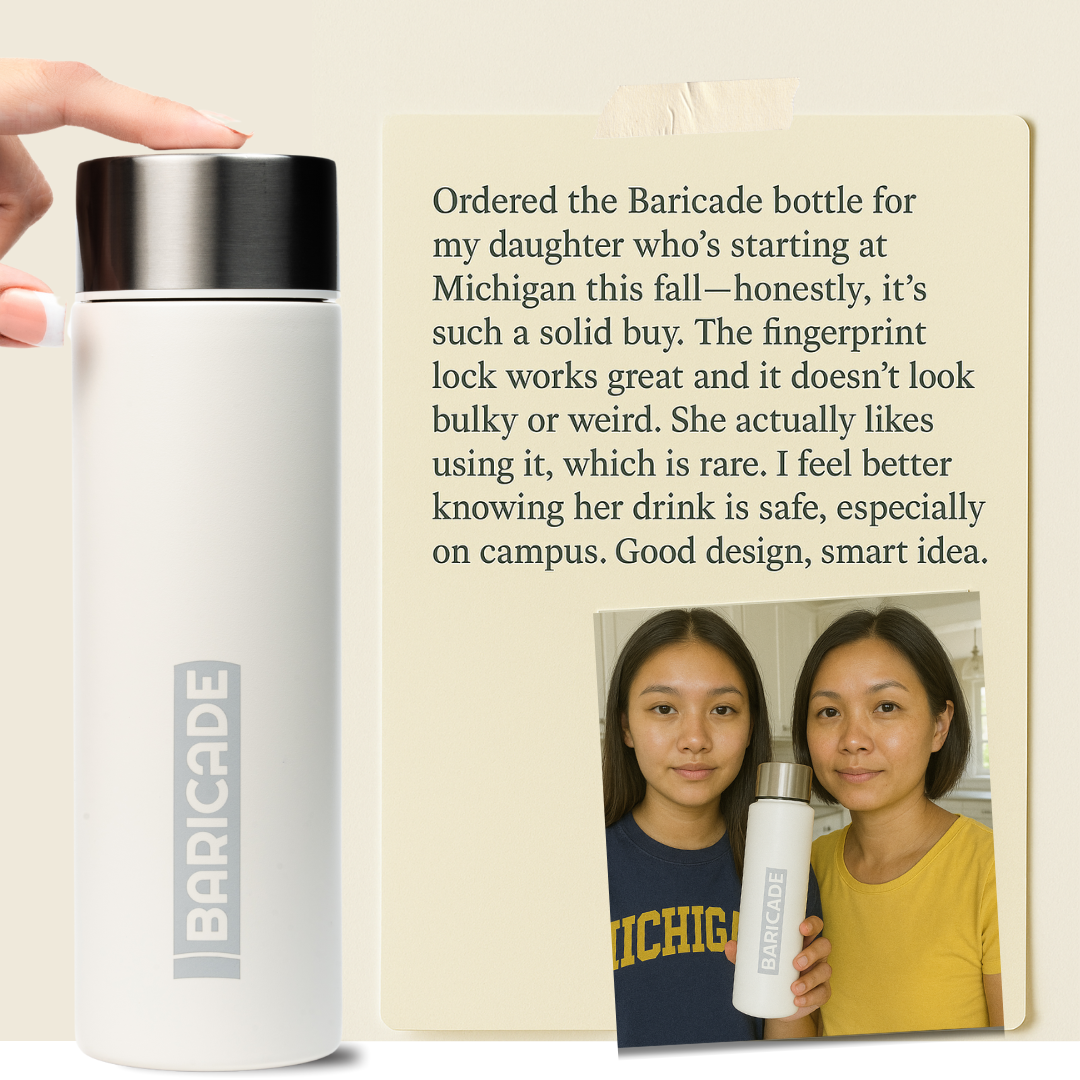 White Baricade bottle with text review and photo of two people holding the bottle.