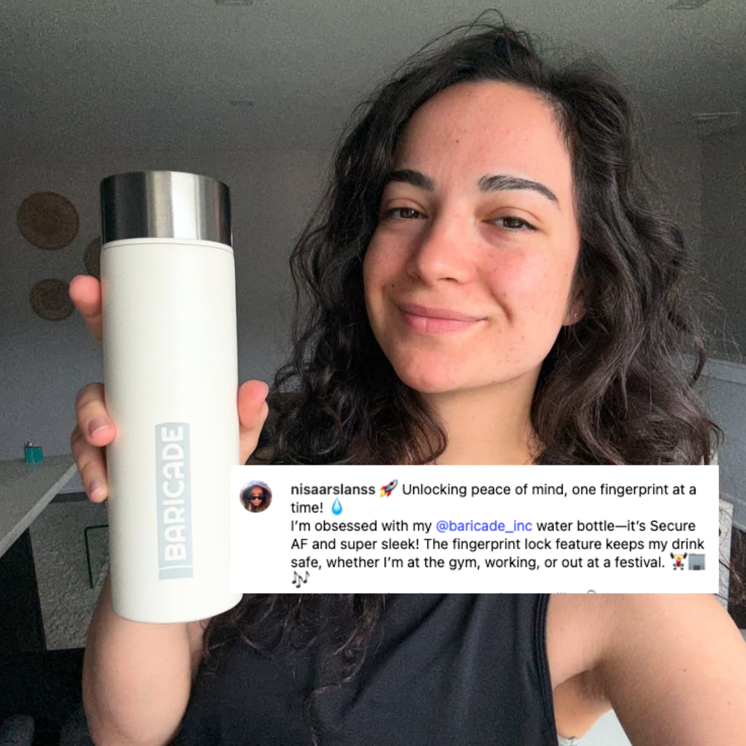 Person holding a white water bottle with a text overlay about the product.
