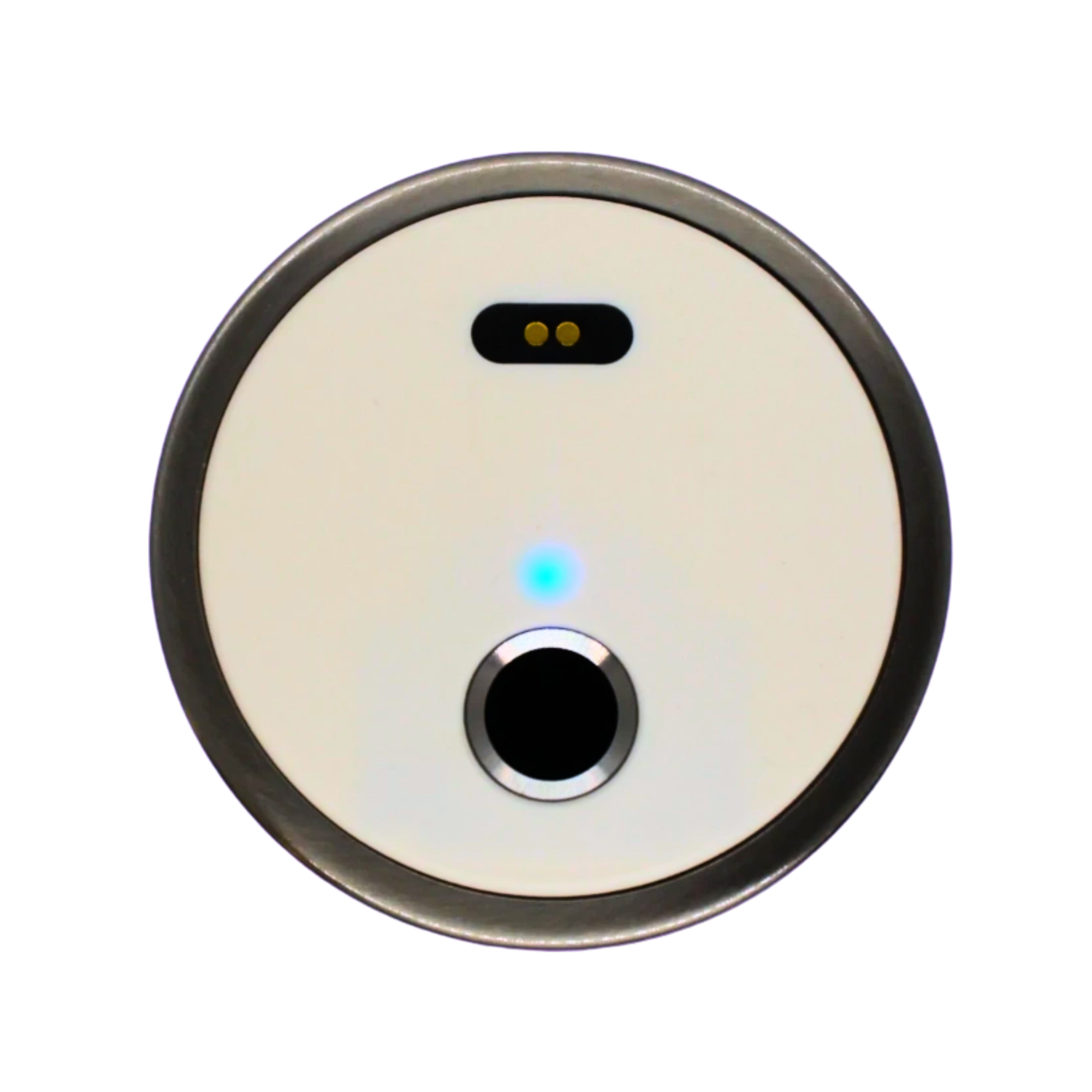 Circular electronic device with a blue light and a black sensor.