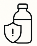Outline of a bottle with a shield and exclamation mark.