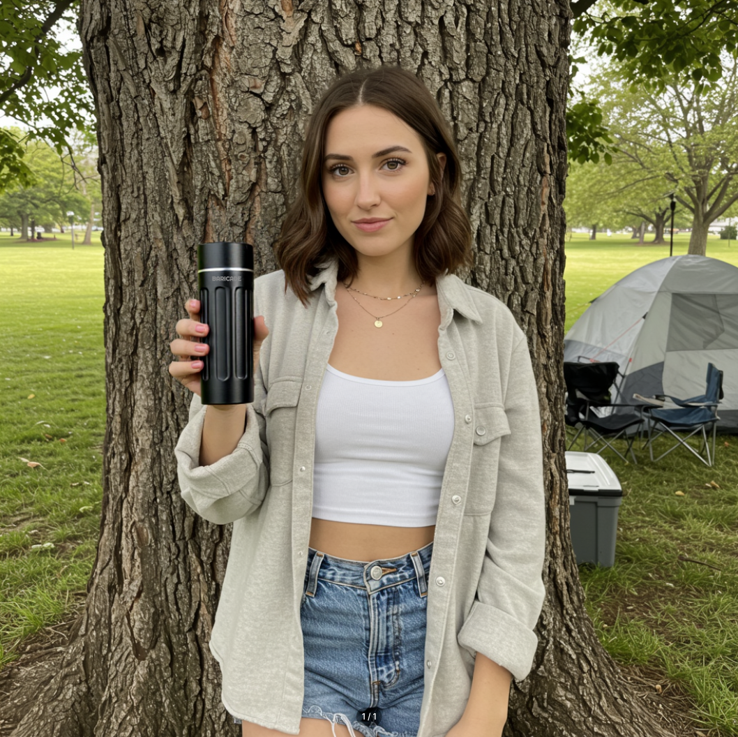 Person holding a black tumbler, standing by a tree with a tent in the background.