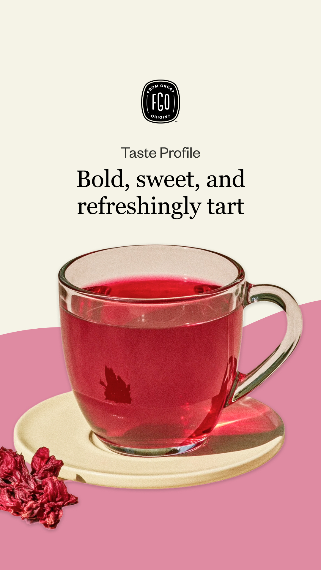 A glass cup of red tea on a saucer, with dried red hibiscus flowers next to it.