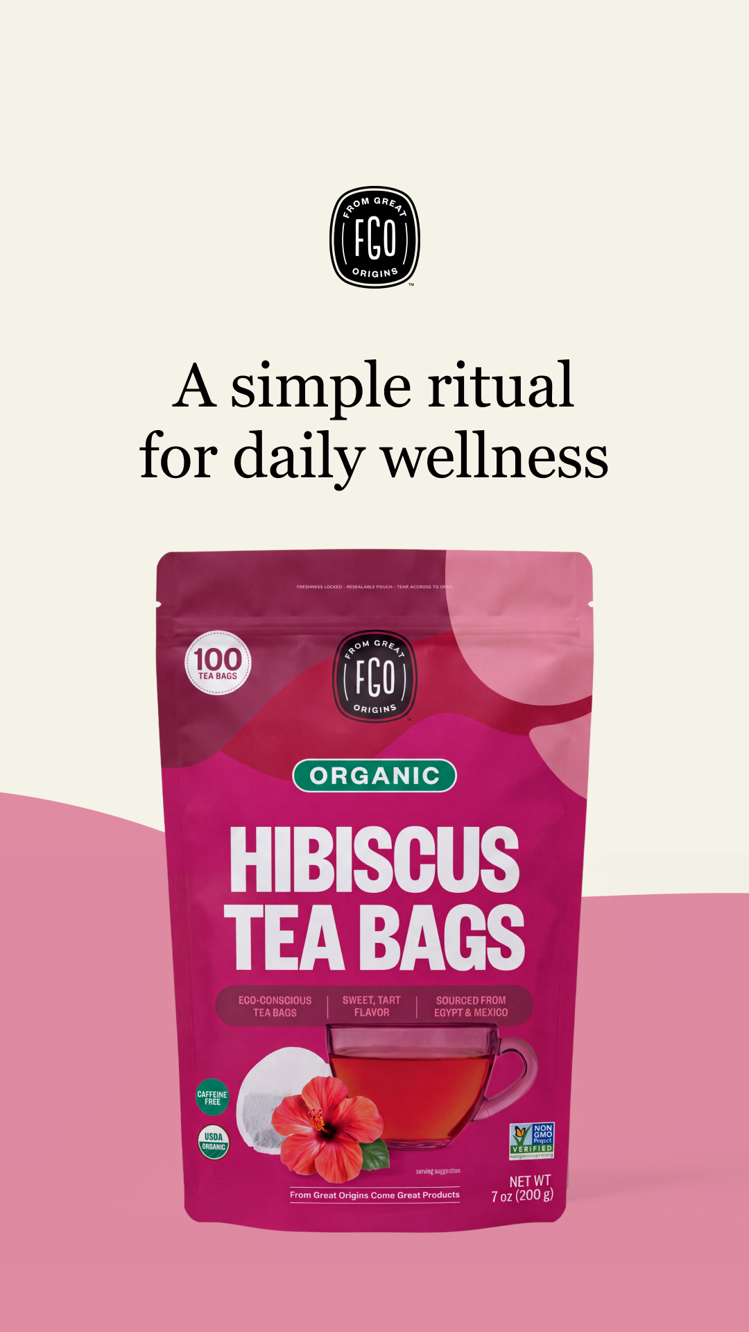 A pink pouch of FGO Origins Organic Hibiscus Tea Bags on a cream and pink background.
