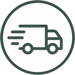 A dark green icon of a delivery truck in motion, enclosed within a circle.