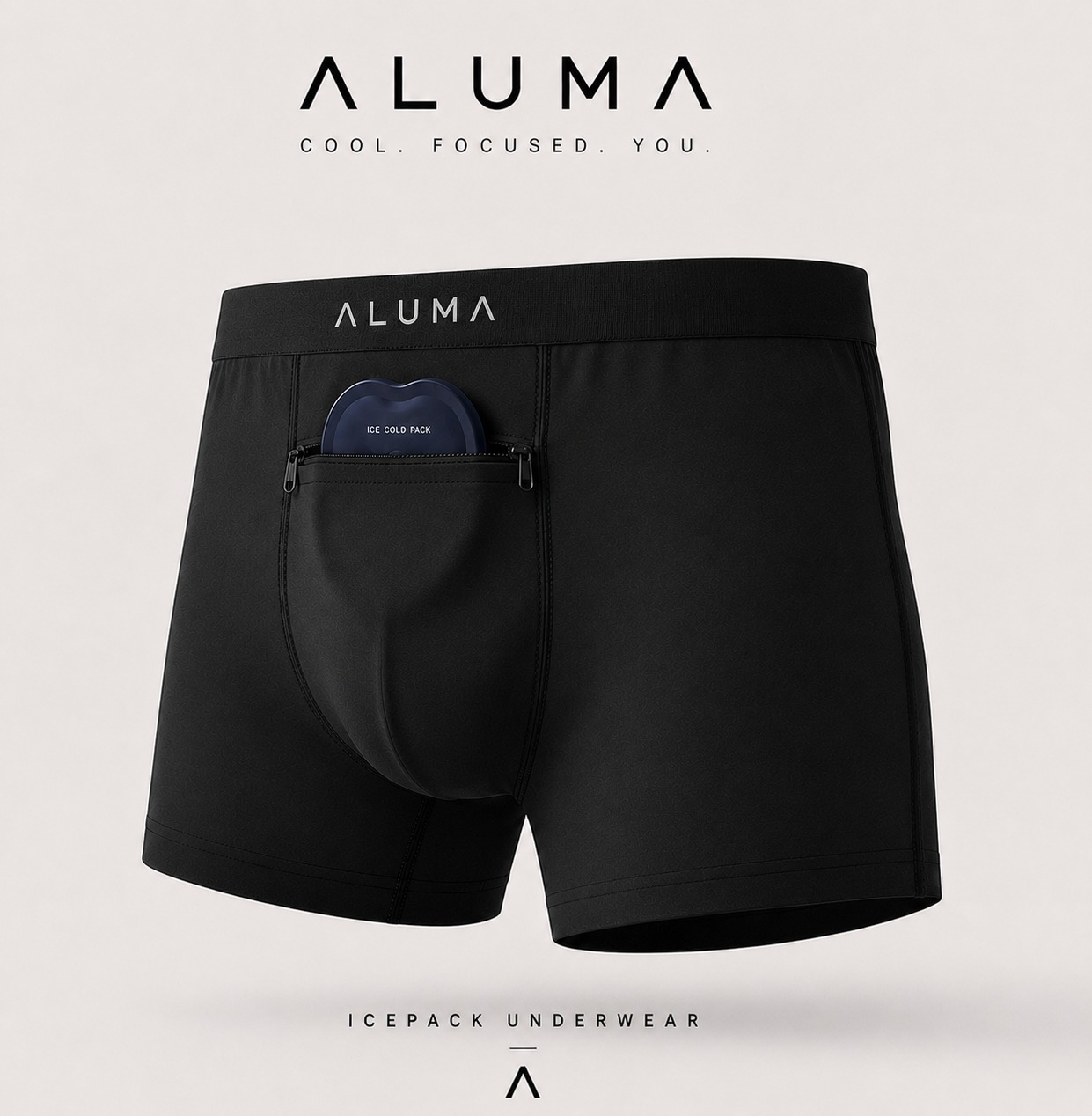 A pair of black Aluma boxer briefs with a blue ice cold pack in a zippered pocket.