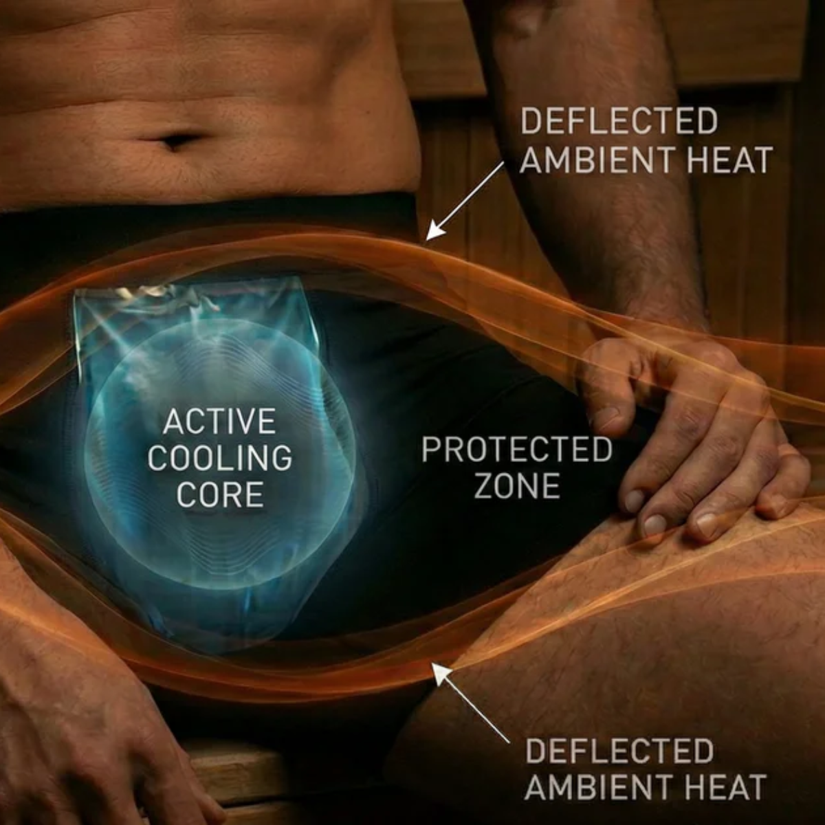 A diagram showing a cooling pack in underwear deflecting ambient heat to create a protected zone.