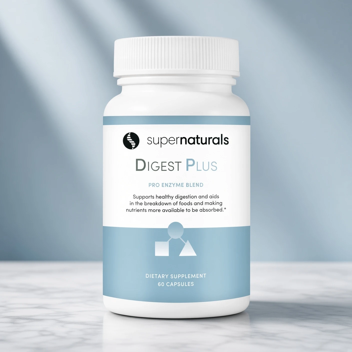 A white bottle of Supernaturals Digest Plus dietary supplement standing on a white marble surface.