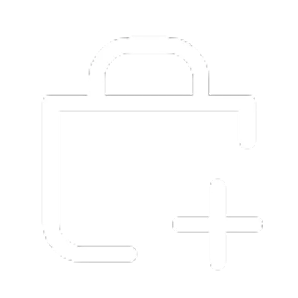 A white line icon of a shopping bag with a plus sign next to it.