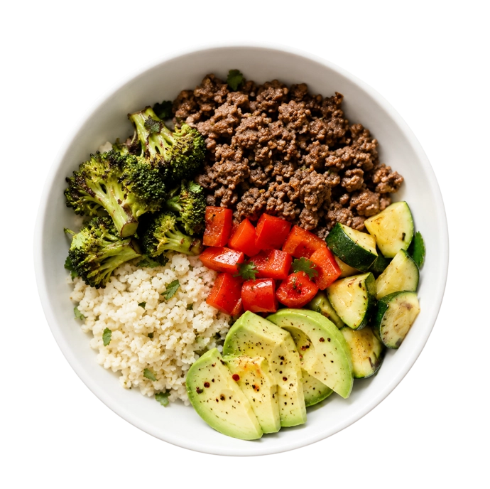 A bowl of cooked ground beef with diced vegetables.