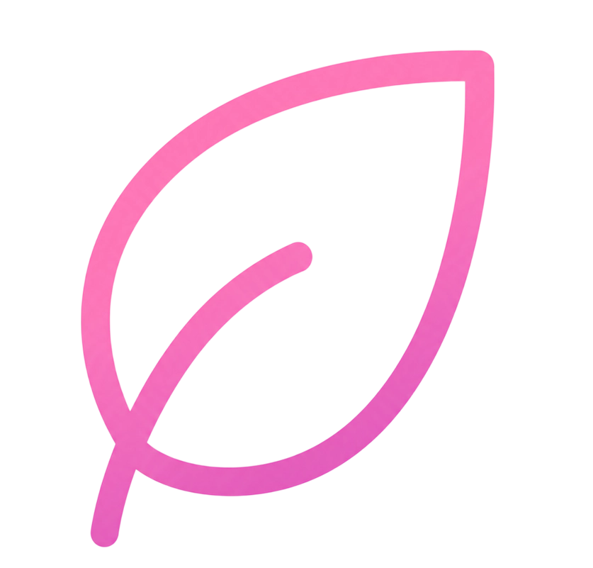 A stylized icon of a leaf with a pink gradient outline on a white background.