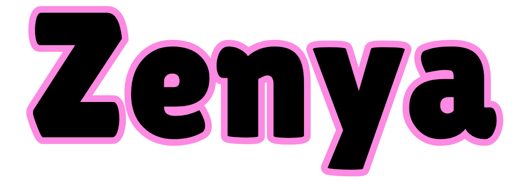 The word Zenya in black, rounded font with a thick pink outline on a white background.