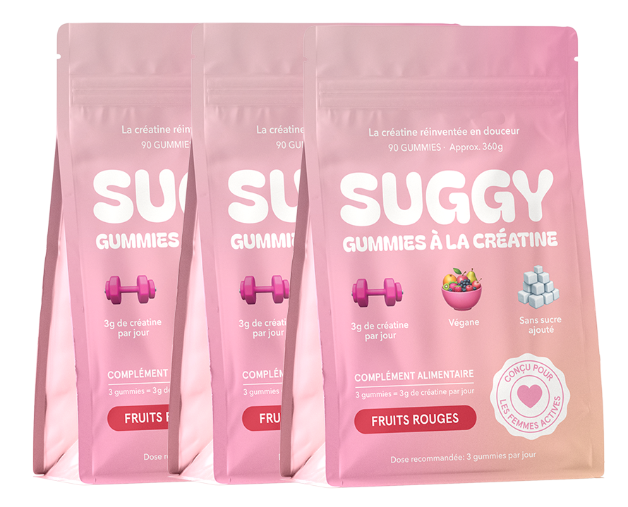Three pink bags of creatine gummies with French text and icons.
