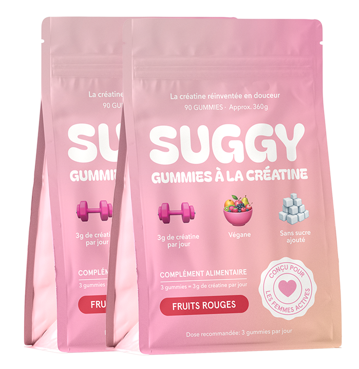 Two pink bags of creatine gummies with fruit and dumbbell icons.