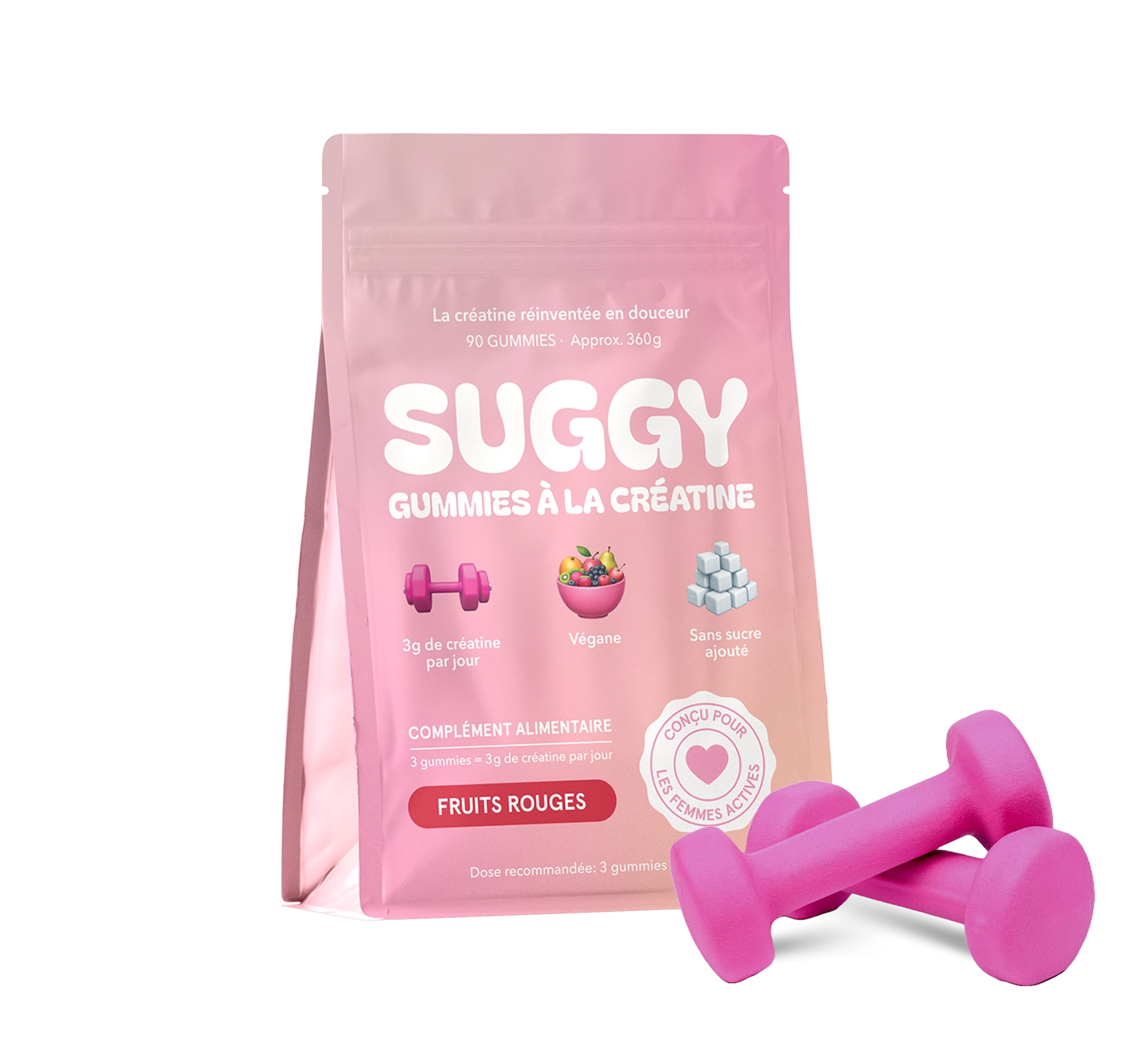 Pink packaging of creatine gummies with pink dumbbells.