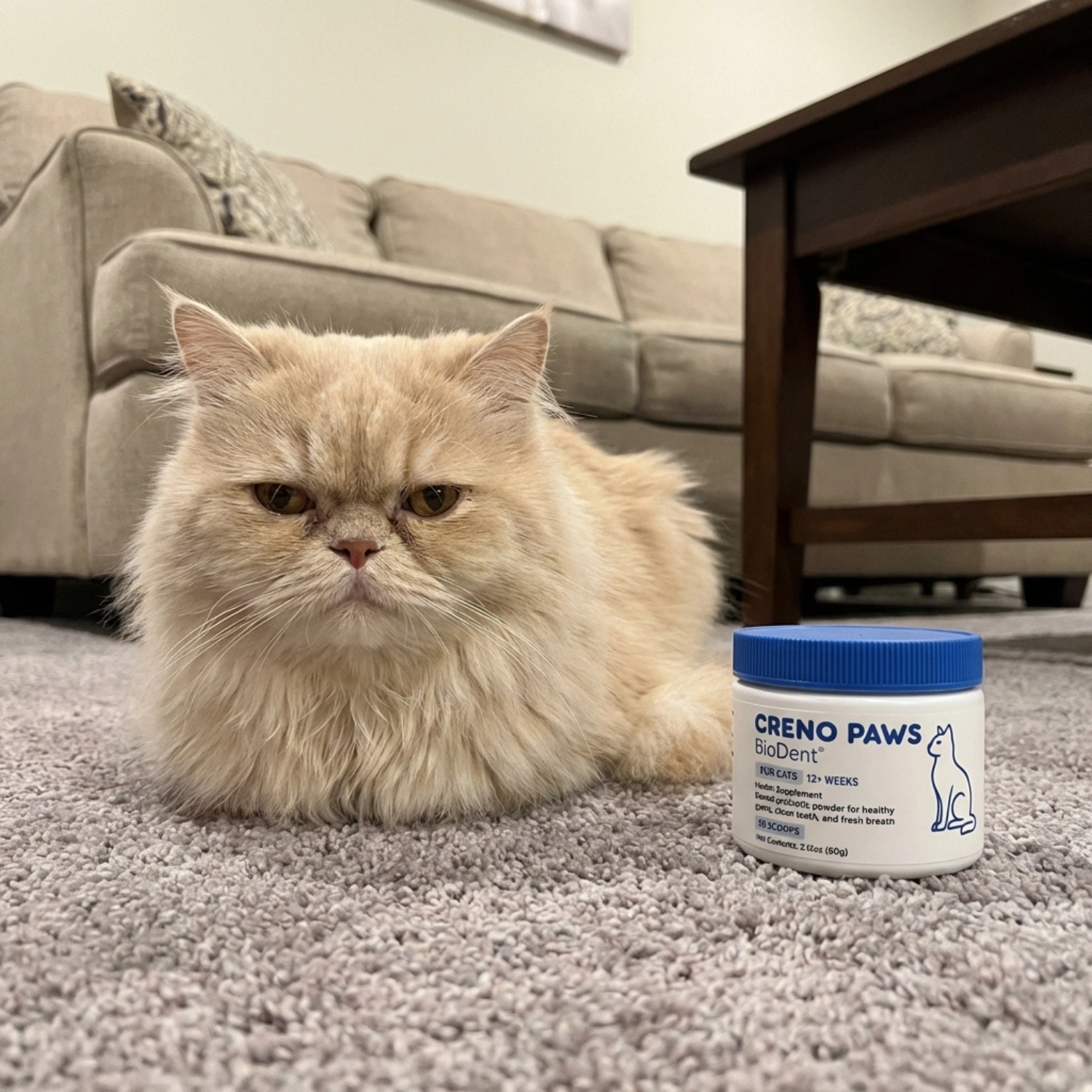 A fluffy, cream-colored cat lies on a grey carpet next to a jar of Creno Paws dental powder.