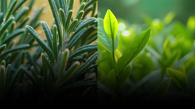 A split-screen, close-up image of rosemary on the left and bright green tea leaves on the right.