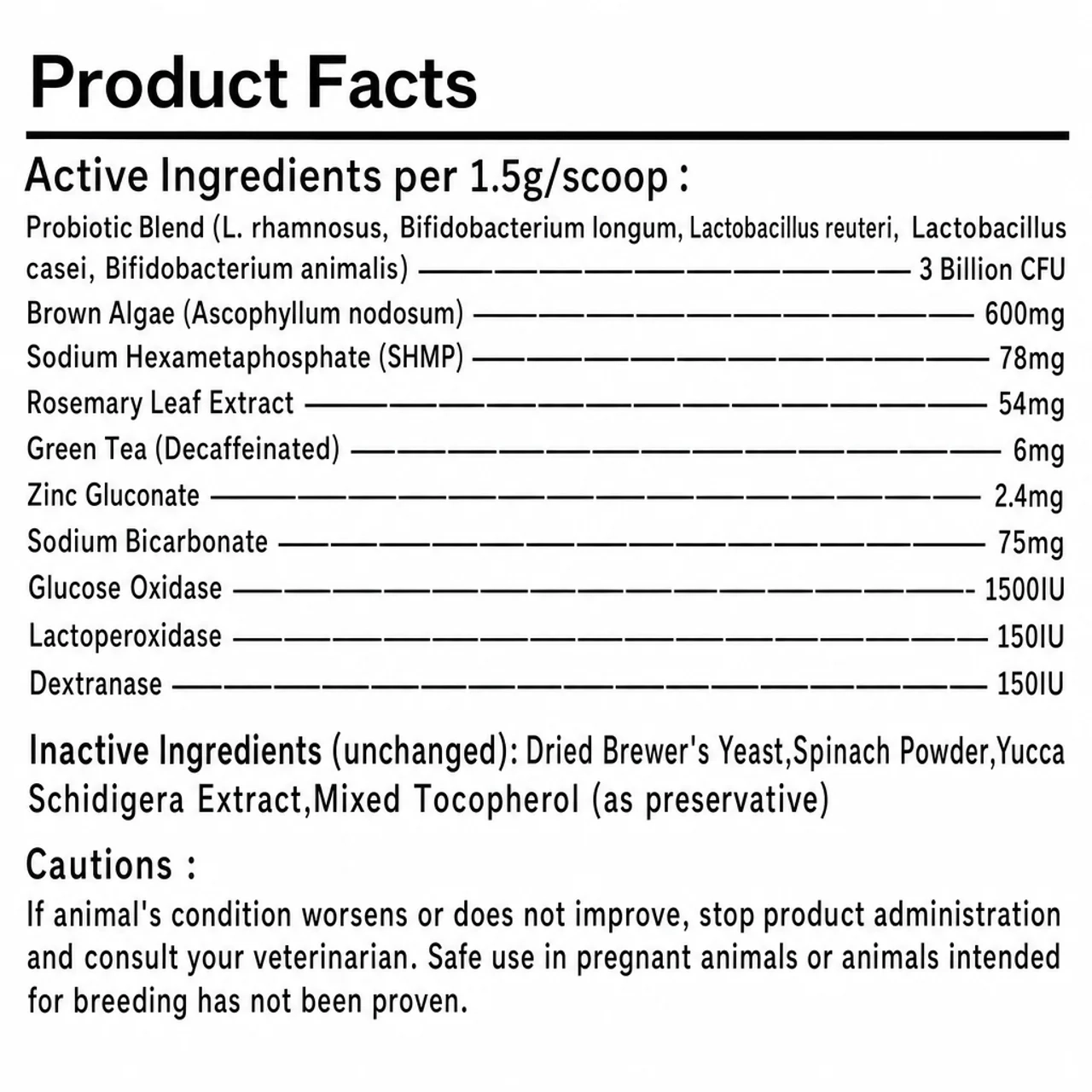 A product facts label listing active and inactive ingredients, their amounts per scoop, and cautions.