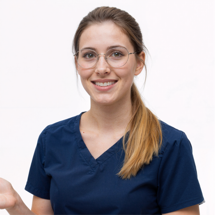 A woman in blue scrubs and glasses smiles against a plain white background.