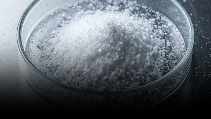 A close-up shot of white crystalline granules piled in a clear glass petri dish on a dark surface.