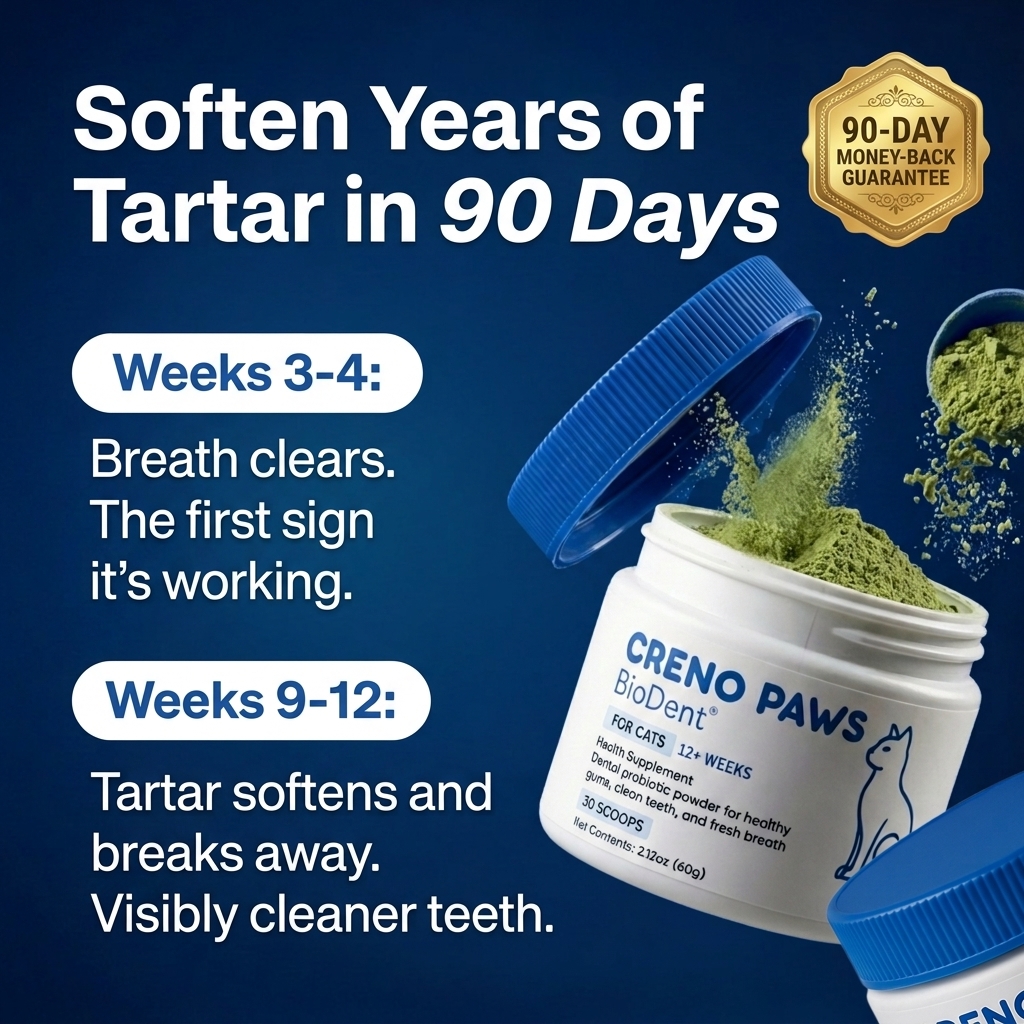 An advertisement for Creno Paws cat dental powder, showing the product and its tartar-softening timeline.