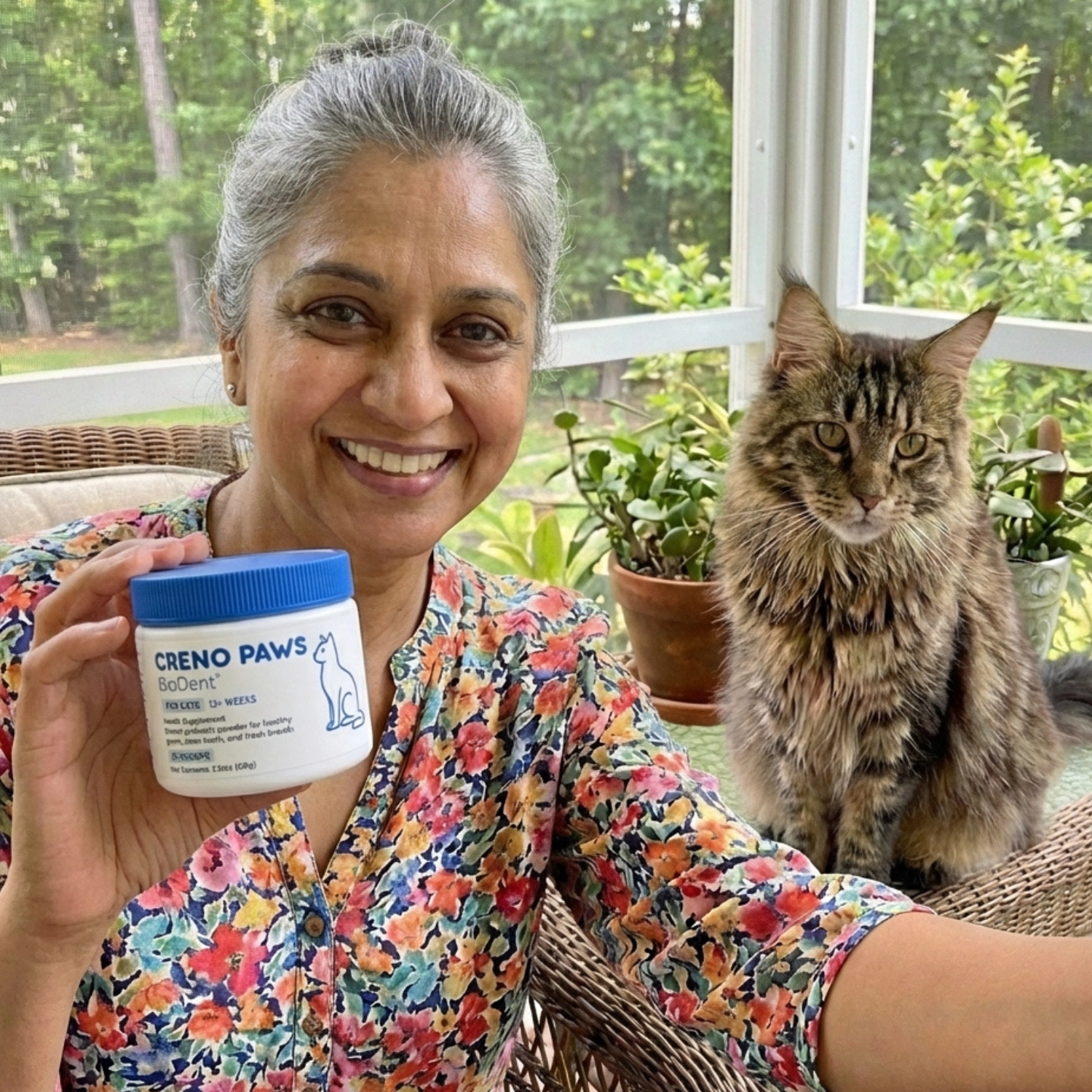 A smiling woman in a floral shirt holds a container of Creno Paws next to a tabby cat.