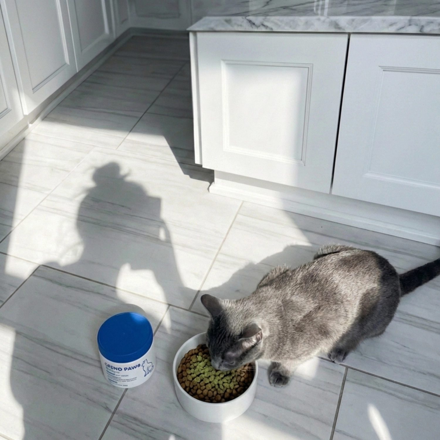 A grey cat eats from a white bowl on a tiled floor in a sunlit kitchen.