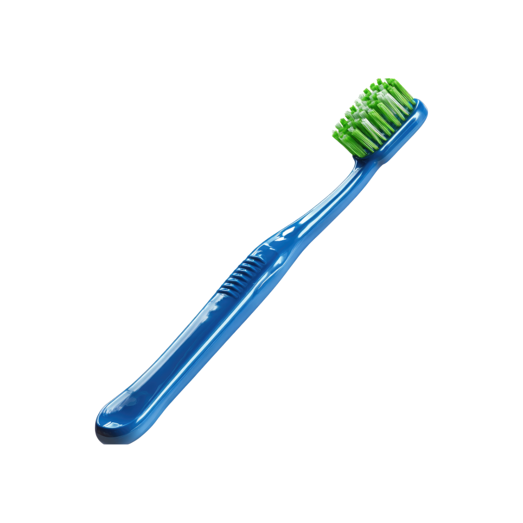 A blue toothbrush with green bristles angled against a plain white background.