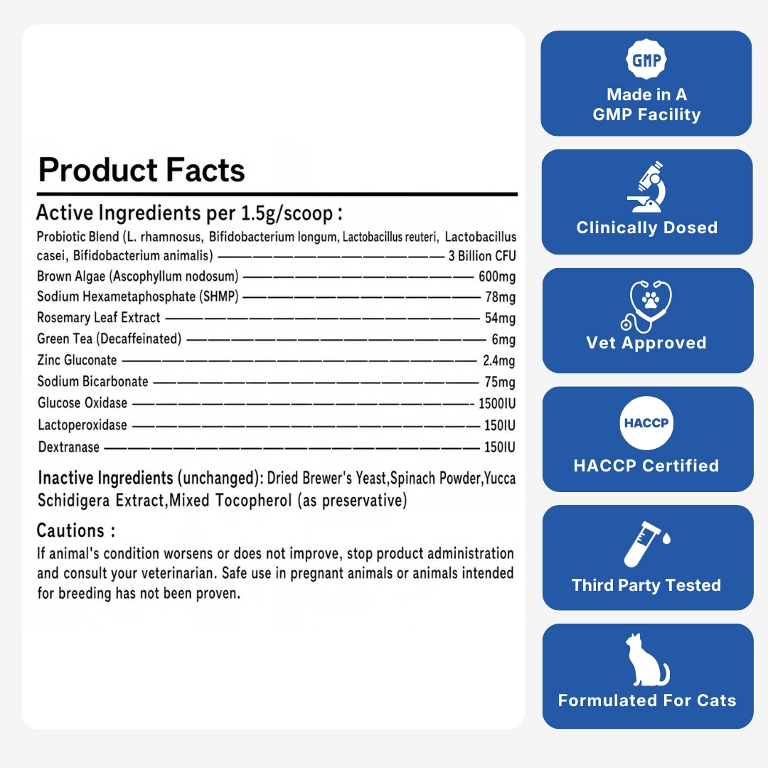 Product facts and quality certifications for a cat supplement, including GMP, Vet Approved, and Third Party Tested.