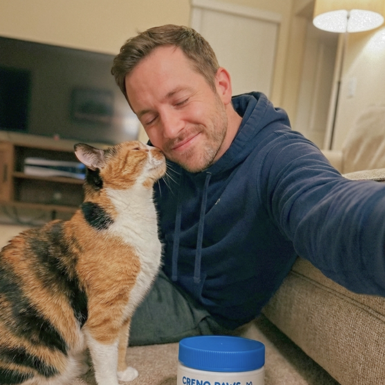 A smiling man in a blue hoodie takes a selfie as a calico cat nuzzles his cheek.