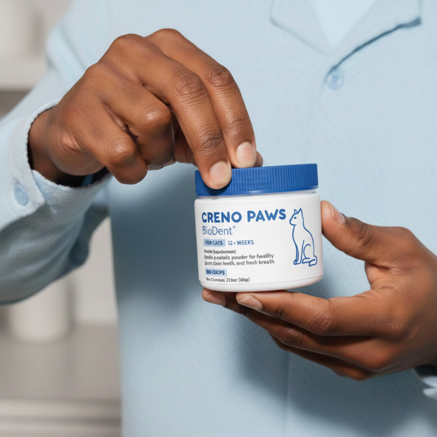 Hands holding a jar labeled 'CRENO PAWS' for cats.