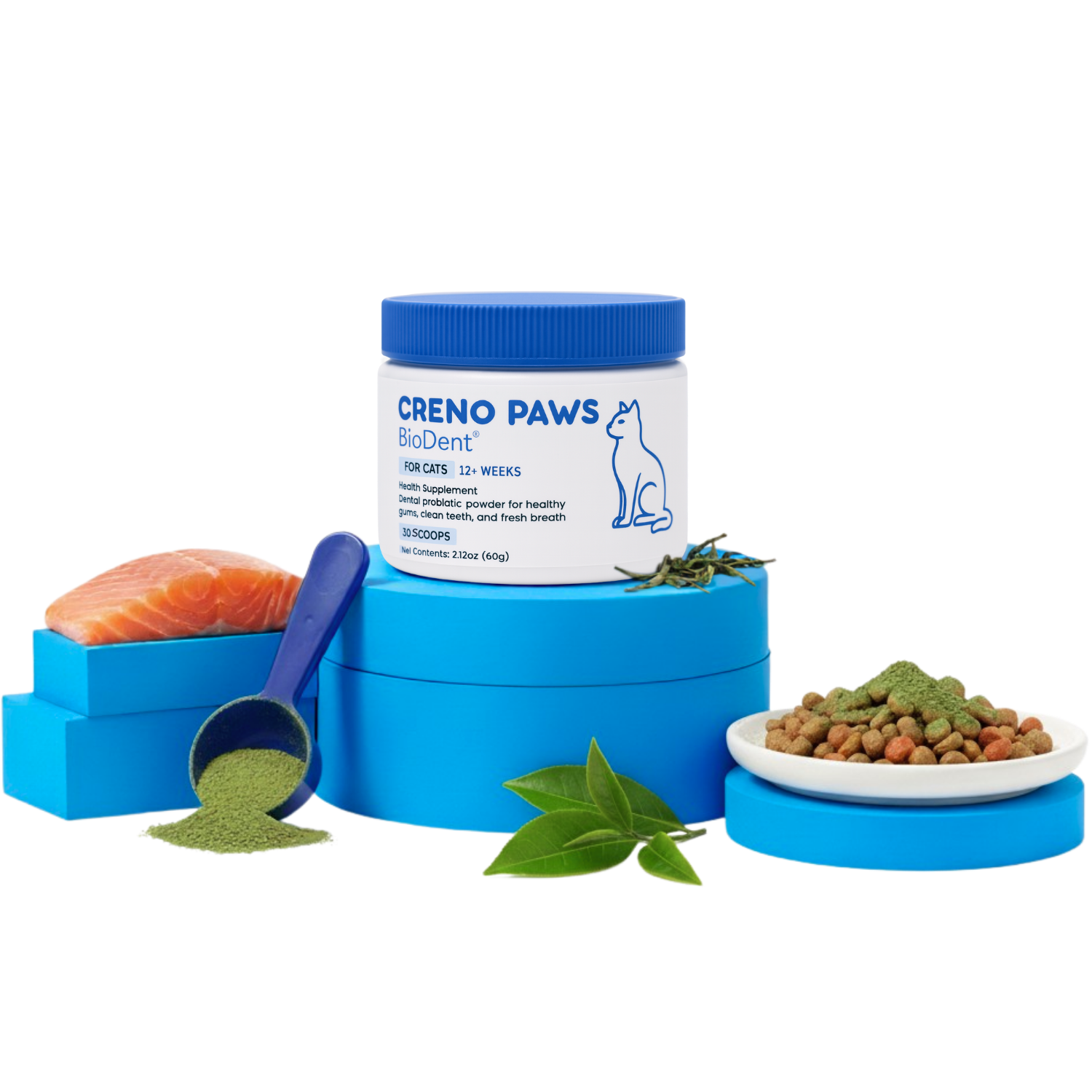 Cat dental supplement container with salmon, green powder, and kibble on blue platforms.