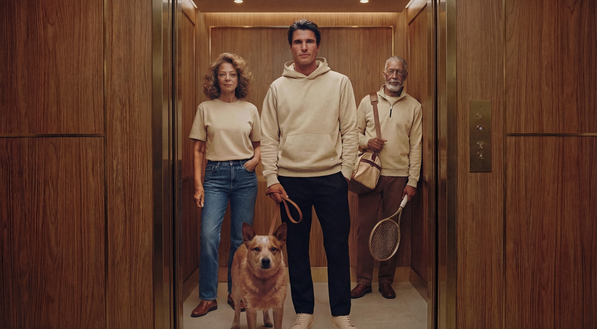 Three individuals in dark blue outfits standing in a dimly lit room.