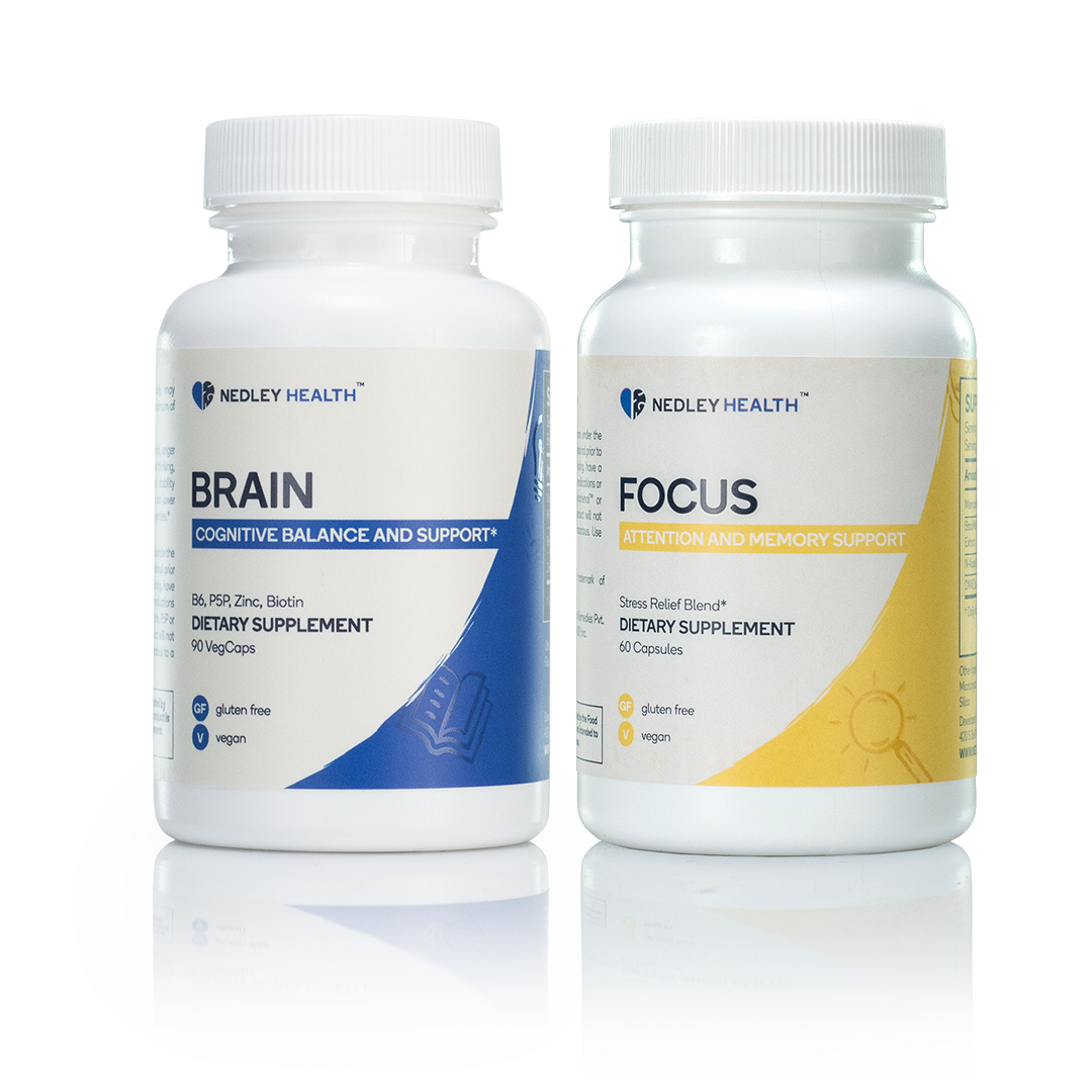 Two bottles of dietary supplements labeled 'Brain' and 'Focus' by Nedley Health.