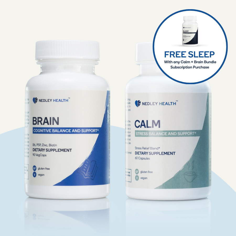 Two bottles of Nedley Health supplements, Brain and Calm, with an offer for a free Sleep supplement.