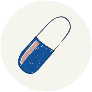 Illustration of a blue and white capsule pill on a white background.