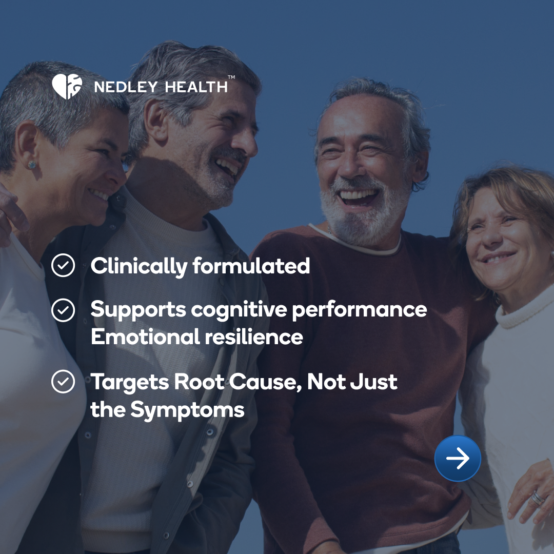 A promotional image for Nedley Health showing four smiling older adults with a list of benefits.