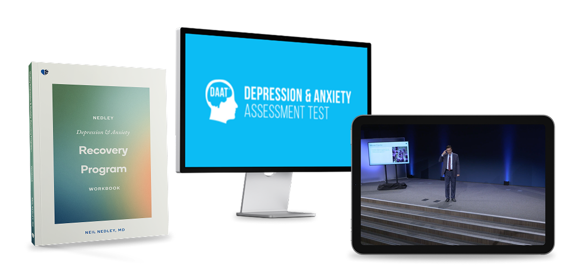 A workbook, computer monitor, and tablet displaying materials from the Depression and Anxiety Recovery Program.