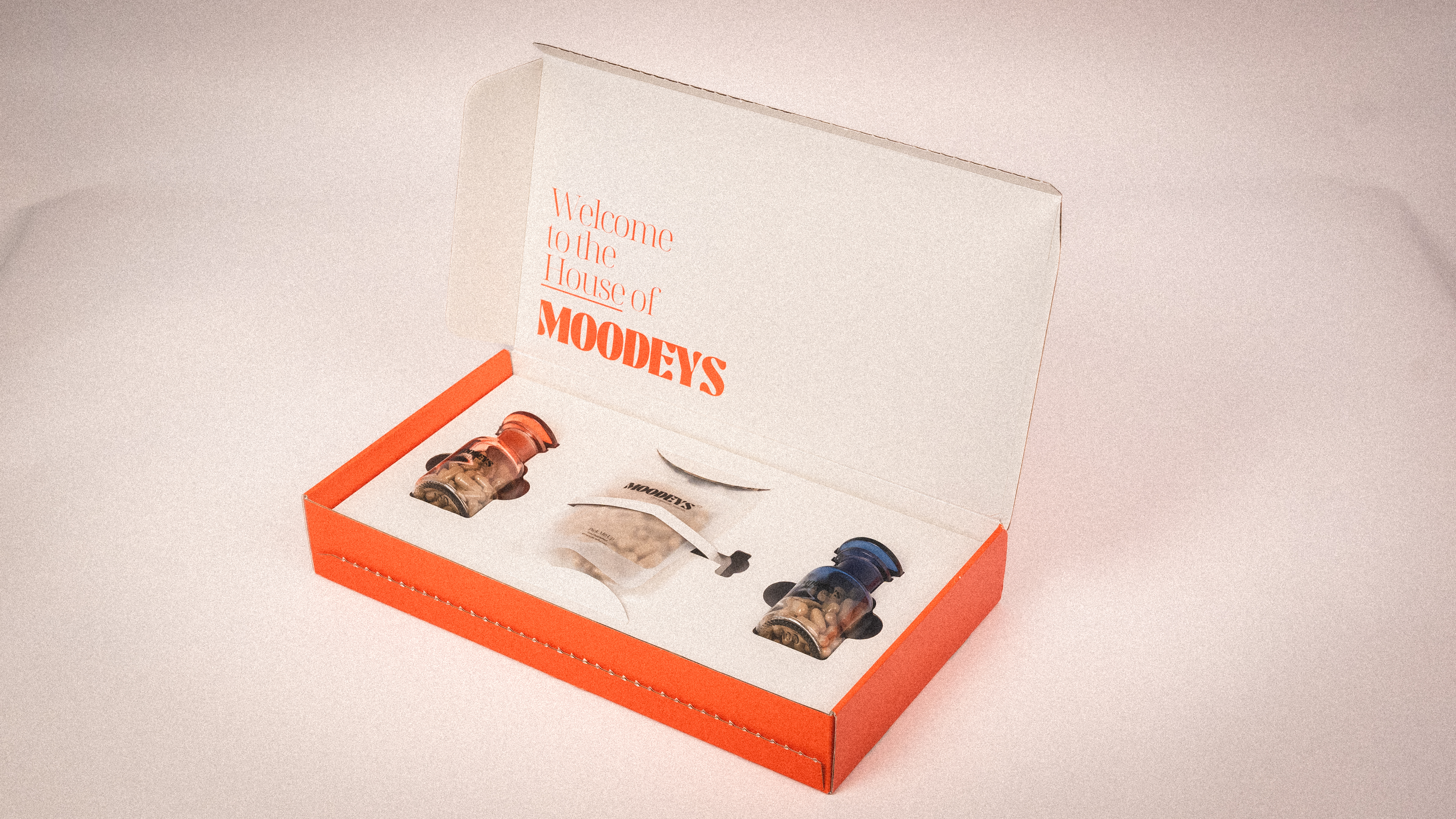 Open box with small colored jars and 'Welcome to the House of MOODEYS' text.