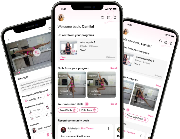 Three smartphones displaying a pole dancing app interface with various skills and programs.