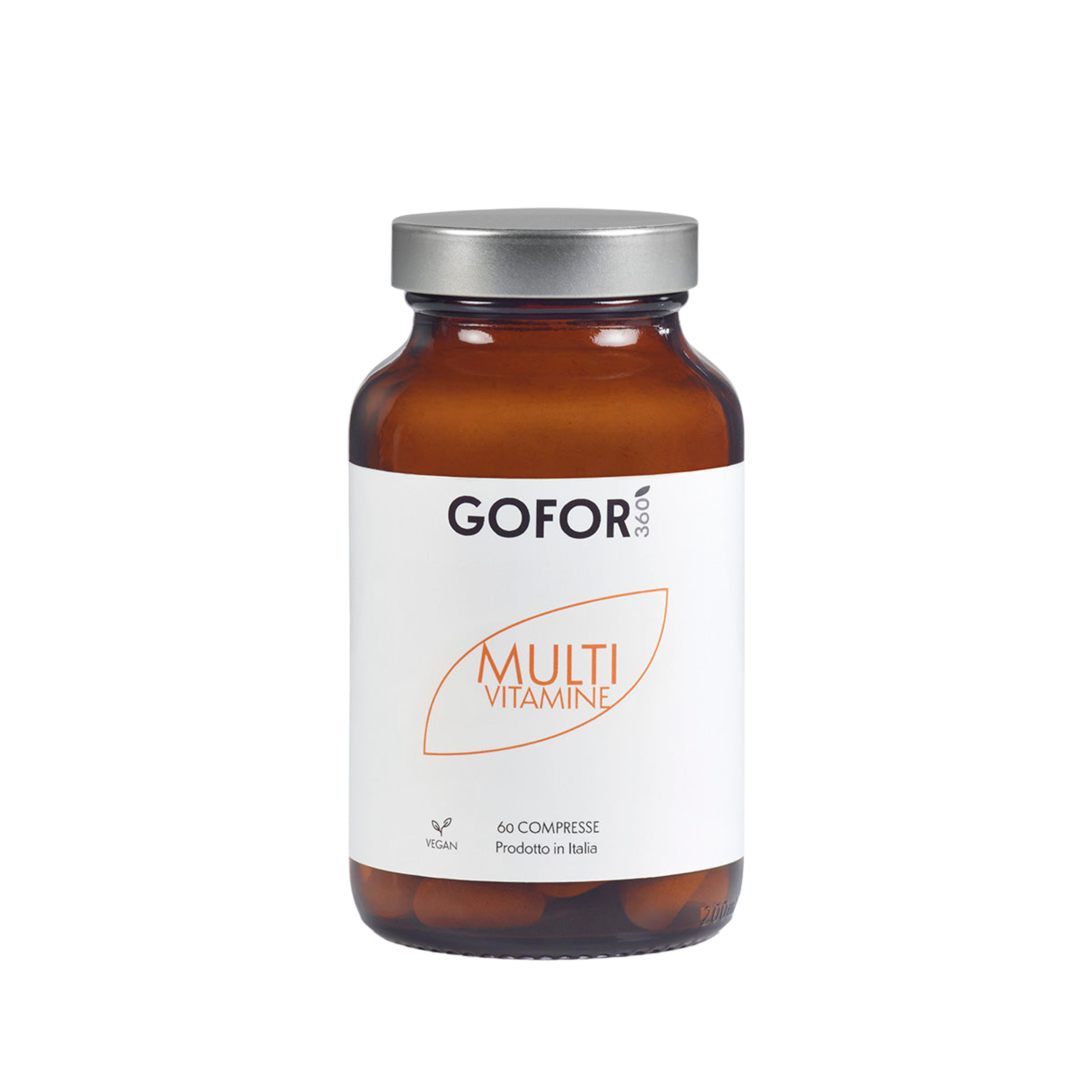 Brown glass bottle labeled 'Multivitamine,' with silver cap, contains 60 vegan tablets.
