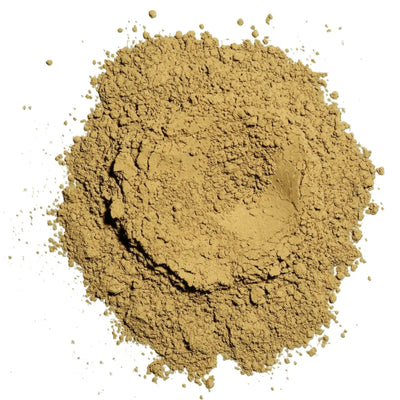 A pile of fine brown powder on a white background.