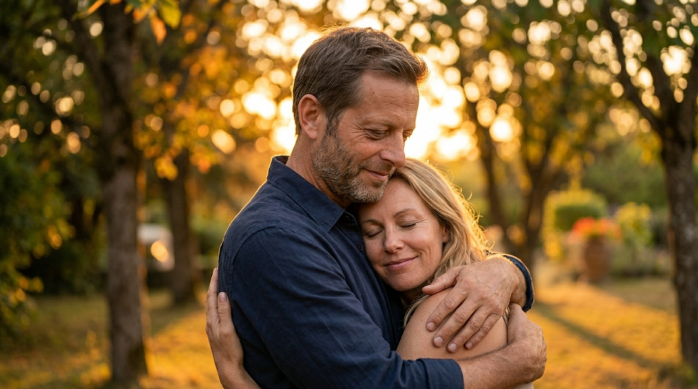 A man and a woman embrace affectionately outdoors in a sunlit park during sunset.