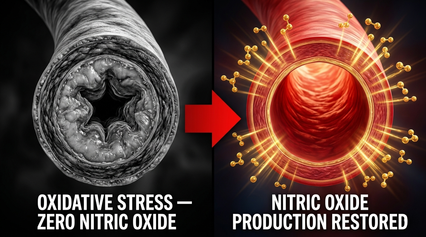 Before and after diagram showing a blood vessel with oxidative stress versus one with restored nitric oxide production.